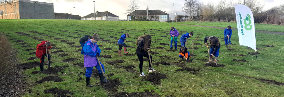 Children in a field digging holes for trees to be planted